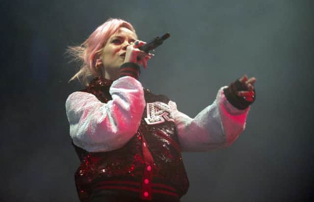 Lily Allen on stage during the Princes Street concert. Picture: Jane Barlow