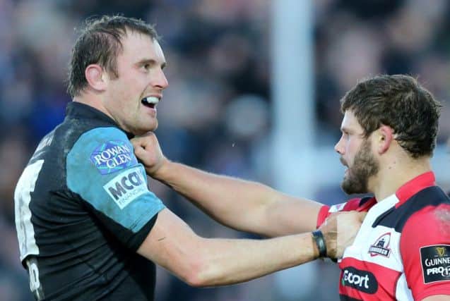 Al Kellock and Ross Ford square up in the first leg at Scotstoun. Picture: Robert Perry