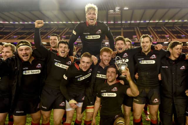 Triumphant Edinburgh players show off the 1872 Cup after coming back to beat Glasgow 
26-24 on aggregate. Picture: Craig Watson/SNS/SRU