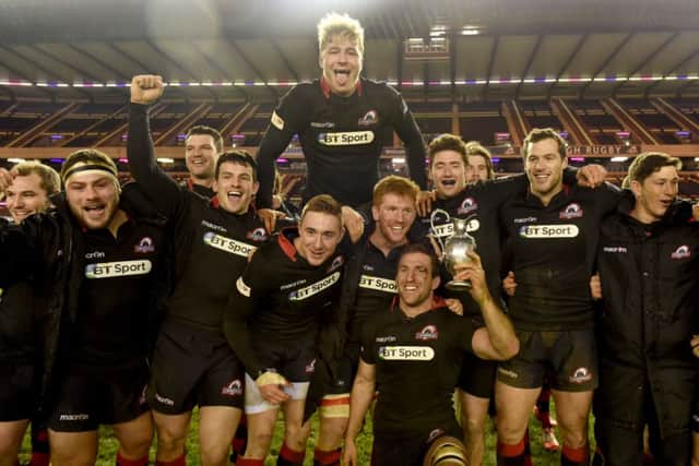 Triumphant Edinburgh players show off the 1872 Cup after coming back to beat Glasgow 
26-24 on aggregate. Picture: Craig Watson/SNS/SRU