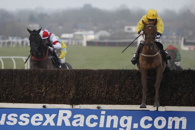 At Plumpton yesterday, Tom Cannon rode 11-1 shot Itoldyou (right) clear of the last to win the At The Races Sussex National. Picture: Getty