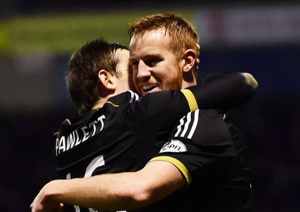 Aberdeen striker Adam Rooney celebrates his goal with Peter Pawlett (left). Picture: SNS