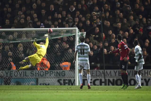 Ander Herrera watches his shot sail over Yeovils goalkeeper Jed Steer to open the scoring yesterday. Picture: Reuters