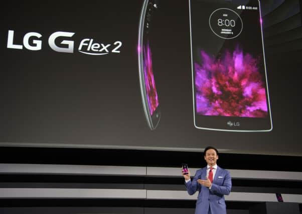 Frank Lee introduces the new LG G Flex2 smartphone. Picture: Getty