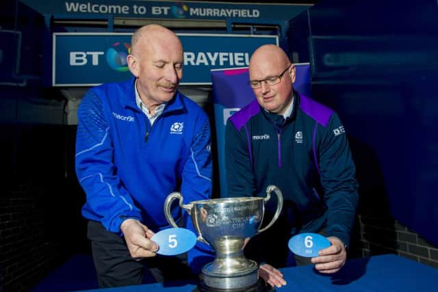 Ian Rankin, left, and SRU competitions manager Neil Crooks make yesterdays BT Cup draw. Picture: SNS/SRU