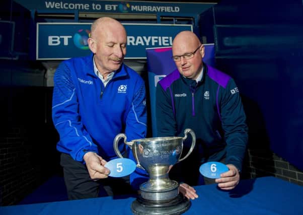 Ian Rankin, left, and SRU competitions manager Neil Crooks make yesterdays BT Cup draw. Picture: SNS/SRU
