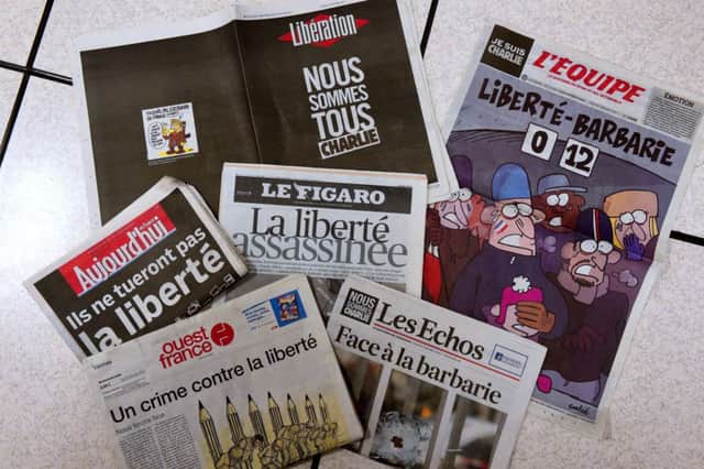Front pages of French newspapers after the attack on French satirical weekly Charlie Hebdo. Picture: AFP