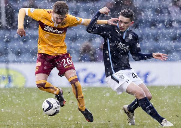 Motherwell star Dom Thomas does well to spin away from Alex Harris (right). Picture: SNS Group
