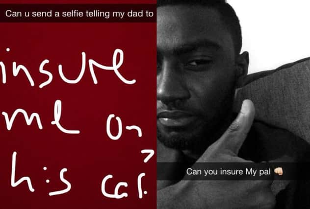 Ali's Snapchat, left, and Buaben's response. Picture: Twitter/AlistairRae234