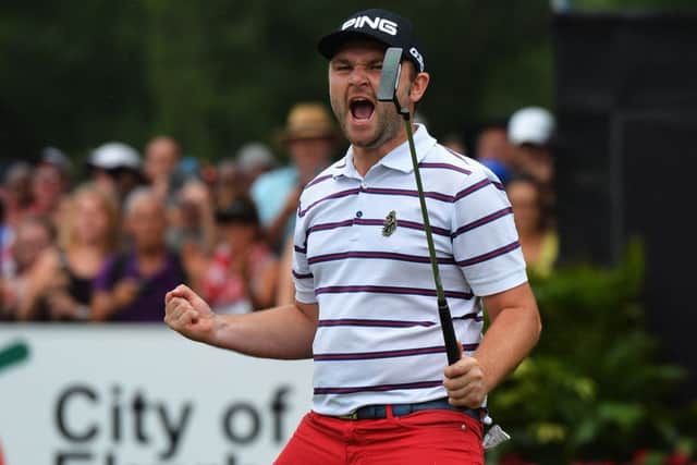Andy Sullivan celebrates holeing his winning putt during the play off. Picture: Getty