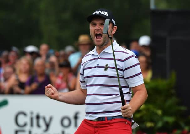 Andy Sullivan celebrates holeing his winning putt during the play off. Picture: Getty