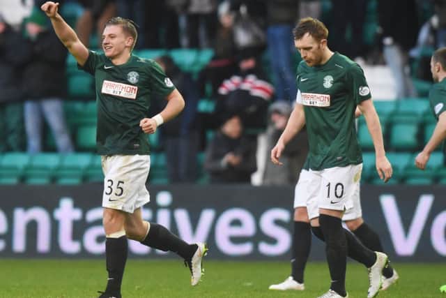 Hibernian's Jason Cummings celebrates after putting his side 3-1 up. Picture: SNS