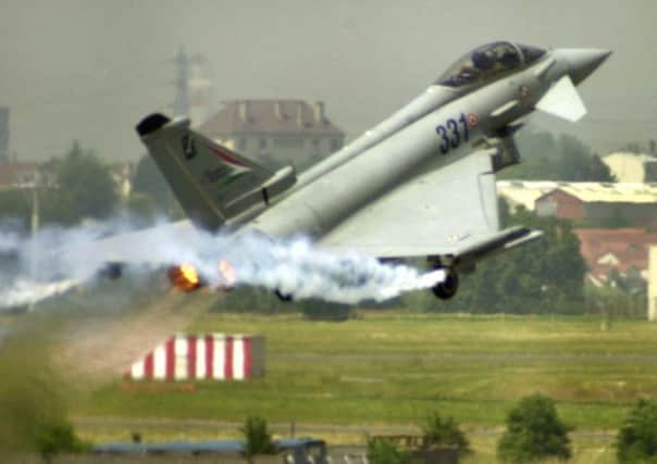 A Eurofighter Typhoon jet takes off for an exhibition flight. Picture: Ap