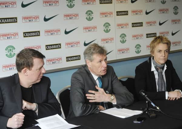 Proclaimers singer Charlie Reid, Kenny MacAskill MSP and Leeann Dempster, the Hibs chief executive, announce the launch of the fans' group. Picture: Greg Macvean