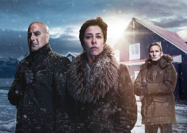 The all-star cast of Fortitude include, from left: Stanley Tucci, Sofie Gråbøl and Christopher Eccleston. Picture: Sky Atlantic