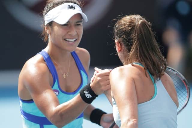 Heather Watson shakes hands with Roberta Vinci after her straight sets win over the Italian. Picture: Getty