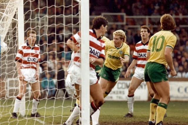Frank McAvennie heads home the first of a hat-trick in Celtics record-breaking 8-0 victory over Hamilton Accies at Douglas Park. Picture: Evening Times