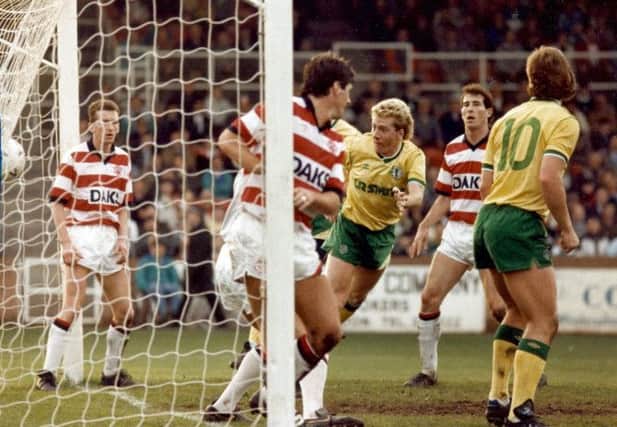 Frank McAvennie heads home the first of a hat-trick in Celtics record-breaking 8-0 victory over Hamilton Accies at Douglas Park. Picture: Evening Times