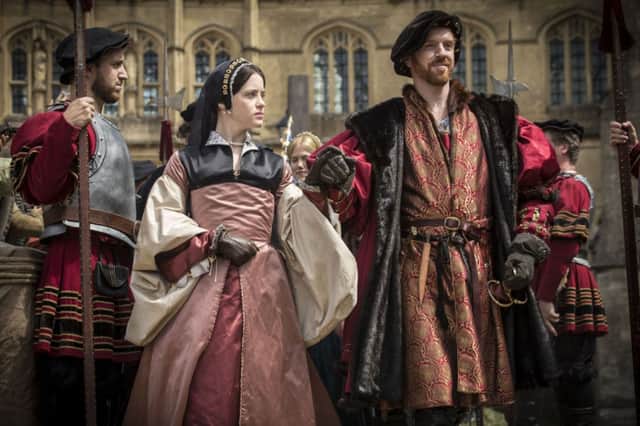 Claire Foy plays Anne Boleyn and Damian Lewis plays King Henry VIII in BBC2s adaptation of Hilary Mantels Booker Prize-­winning book Wolf Hall. Picture: BBC