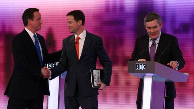 David Cameron, Nick Clegg and Gordon Brown at the end of televised debate ahead of the last election. Picture: Getty