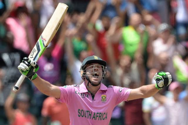 AB de Villiers celebrates smashing the fastest one-day century in his sides mammoth total of 439 for two off 50 overs. Picture: Getty