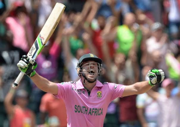 AB de Villiers celebrates smashing the fastest one-day century in his sides mammoth total of 439 for two off 50 overs. Picture: Getty