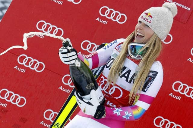 Lindsey Vonn celebrates her World Cup downhill win in Cortina d'Ampezzo. Picture: AP