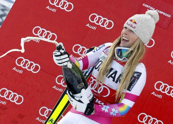 Lindsey Vonn celebrates her World Cup downhill win in Cortina d'Ampezzo. Picture: AP