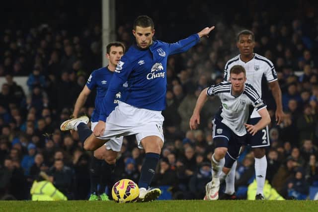 Kevin Mirallas elected to take Evertons 44th-minute penalty but his effort hit the post to leave the home fans frustrated. Picture: Getty