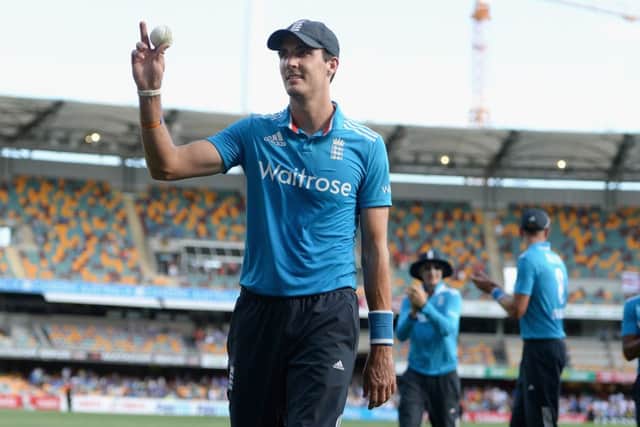 Steven Finn celebrates his five wicket haul at the Gabba. Picture: Getty