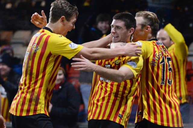 Partick Thistle Kris Doolan (centre) celebrates after scoring his 4th goal of the match. Picture: SNS