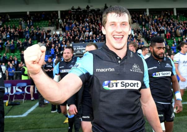 Double delight: Warriors Mark Bennett shows his joy after scoring twice against Bath in October. Picture: SNS Group/SRU