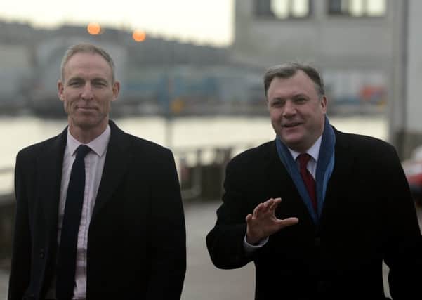 Scottish Labour leader Jim Murphy with Shadow Chancellor Ed Balls at Aberdeen harbour. Picture: SWNS