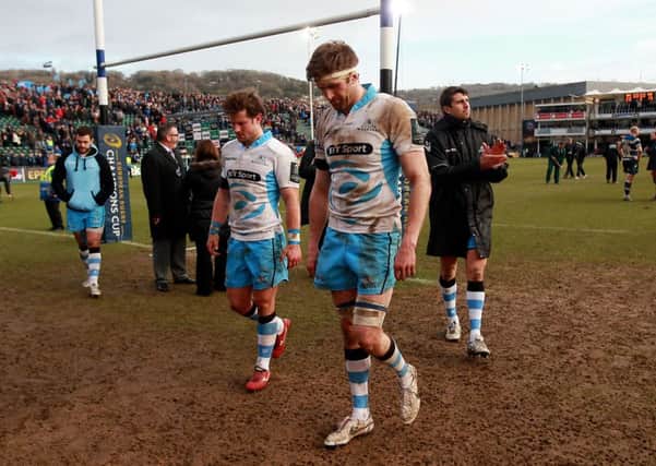 Glasgow's Richie Vernon and Peter Horne leave the field after defeat to Bath. Picture: PA
