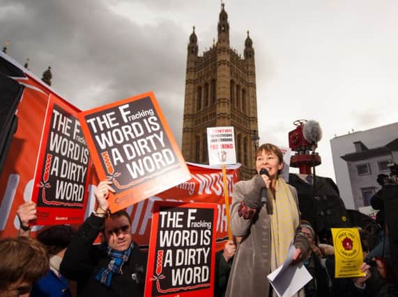Green MP Caroline Lucas speaks at an anti-fracking rally outside the Houses of Parliament. Picture: PA
