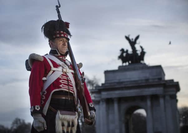 Members of the Napoleonic Association pose for photographs during a press call at Wellington Arch. Picture: Getty