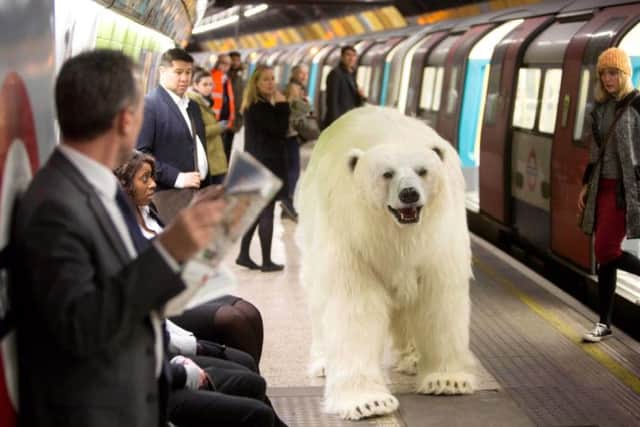 The lifesize polar bear goes for a ride on the London Underground. Picture: PA