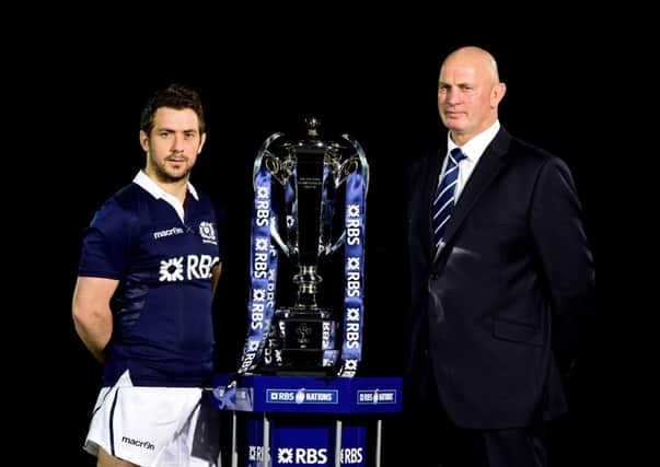 Greig Laidlaw and Vern Cotter help launch the 2015 RBS Six Nations. Picture: Getty