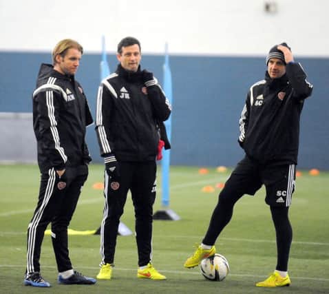 Robbie Neilson, Jack Ross and Stevie Crawford oversee training at Riccarton ahead of this weekends match at Alloa 	Picture: Lisa Ferguson