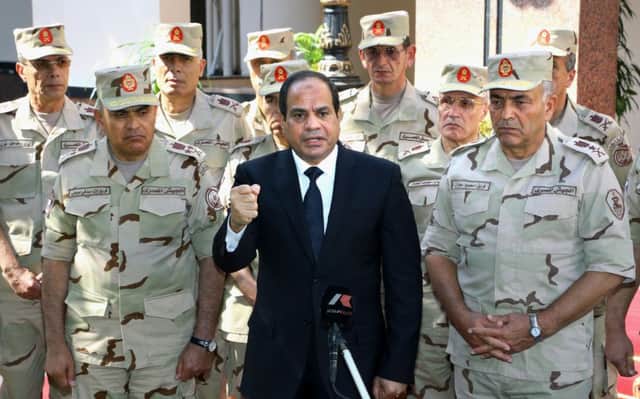 Egyptian president Abdel-Fattah el-Sissi addresses mourners during a recent military funeral. Picture: AP
