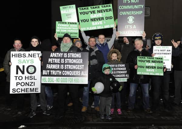 Protesters outside Easter Road for the Hibs AGM. Picture: Andrew O'Brien