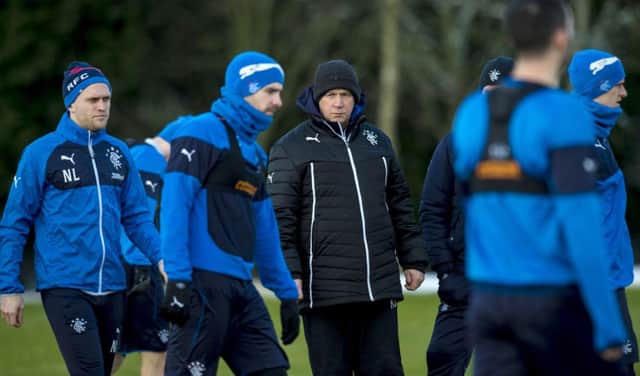 Kenny McDowall takes a Rangers training session. Picture: SNS