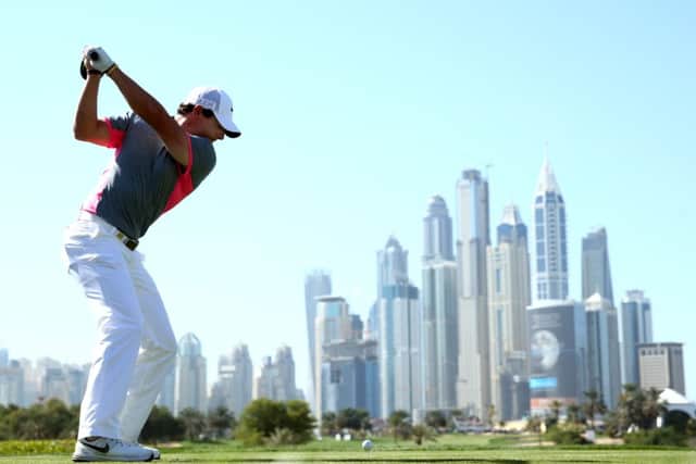 Rory McIlroy of Northern Ireland tees off on the eighth hole during the third round of the Omega Dubai Desert Classic. Picture: Getty
