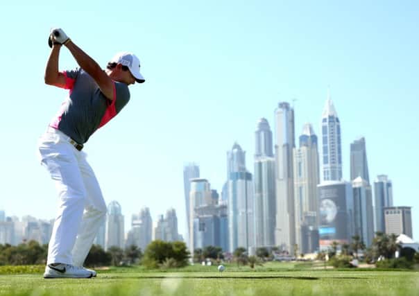 Rory McIlroy of Northern Ireland tees off on the eighth hole during the third round of the Omega Dubai Desert Classic. Picture: Getty