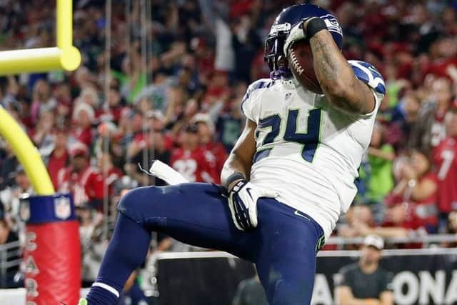 Marshawn Beast Mode Lynch celebrates yet another rushing touchdown for the Seattle Seahawks. Picture: Getty