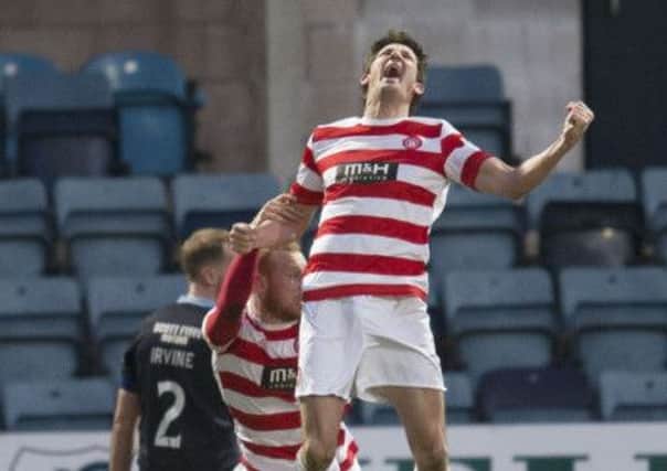 Hamilton's Marting Canning celebrates after putting his side 1-0 up. Picture: SNS