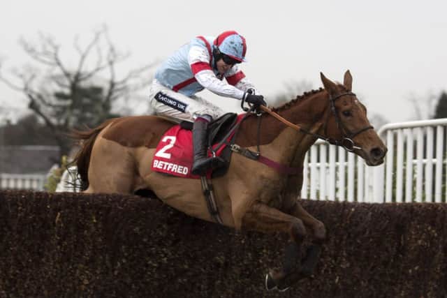 Brick Red, ridden by Aidan Coleman, clears the last fence before going on to win The Betfred Goals Galore Handicap Steeple Chase at Sandown Park. Picture: PA