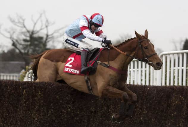 Brick Red, ridden by Aidan Coleman, clears the last fence before going on to win The Betfred Goals Galore Handicap Steeple Chase at Sandown Park. Picture: PA