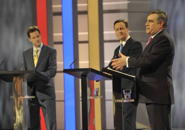 Nick Clegg, David Cameron and Gordon Brown debate on television in the run-up to the 2010 election. Picture: Ken McKay/Getty