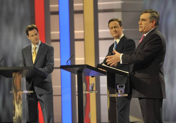 Nick Clegg, David Cameron and Gordon Brown debate on television in the run-up to the 2010 election. Picture: Ken McKay/Getty